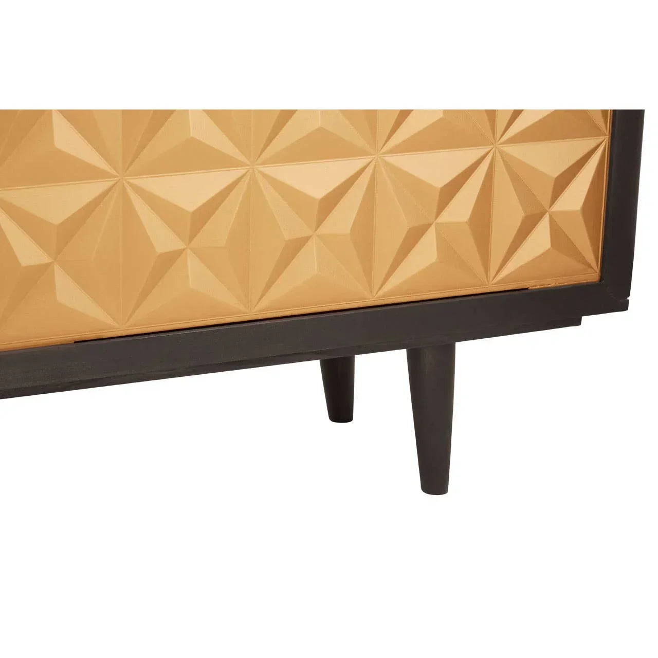 Geometric pattern sideboard with gold textured panels and black wooden legs