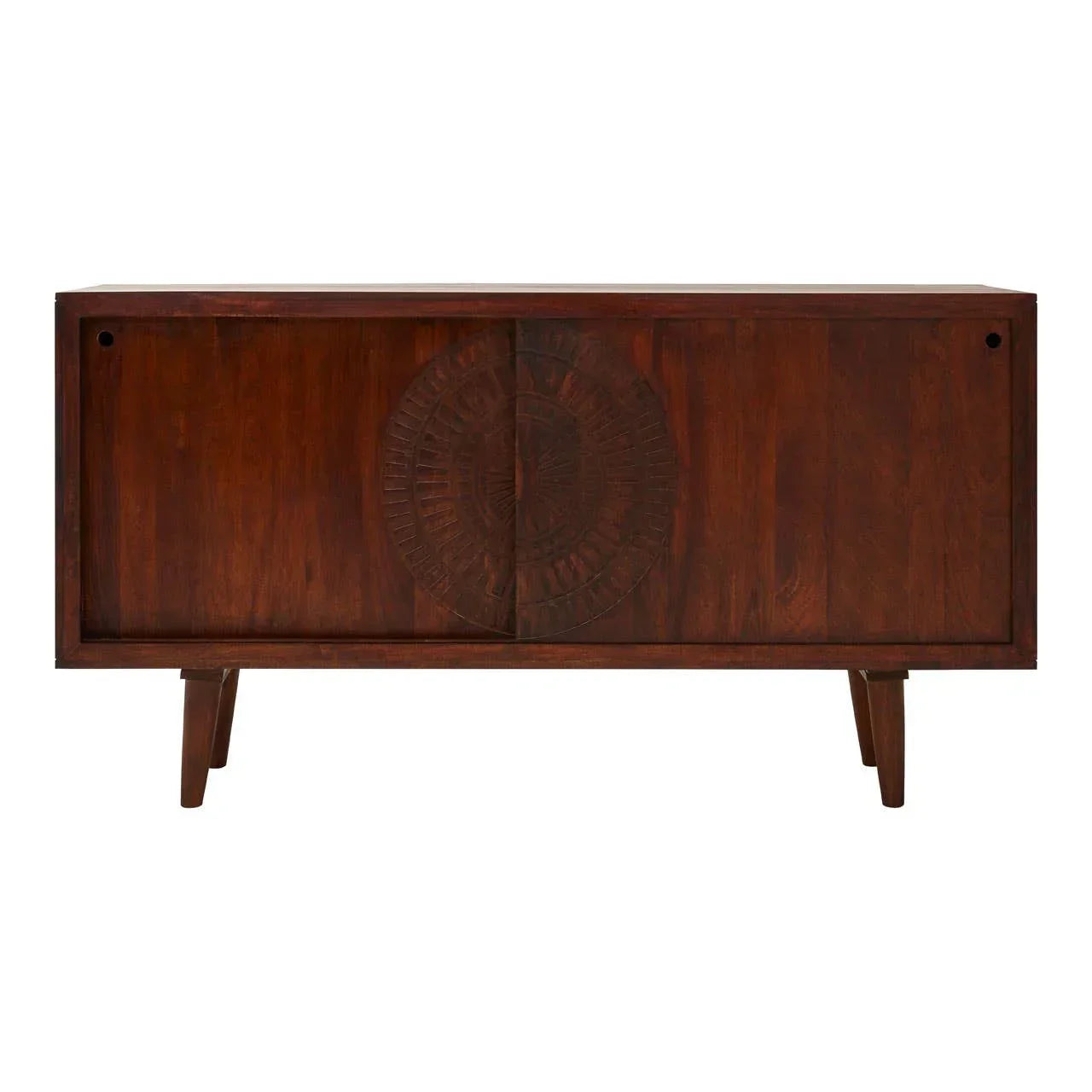 Dark wood sideboard with carved sunburst design and sliding doors