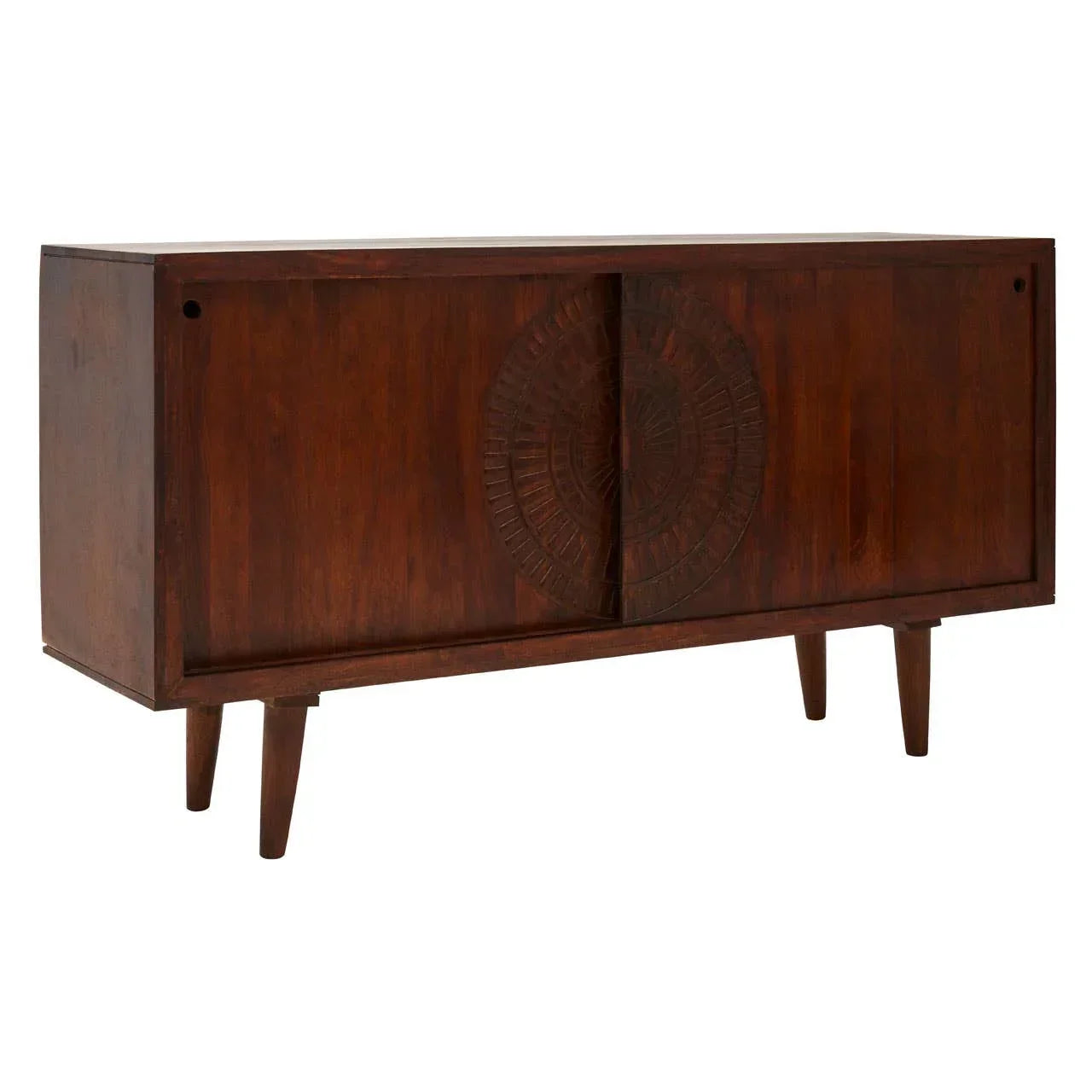 Dark wood sideboard with carved circular pattern and tapered legs