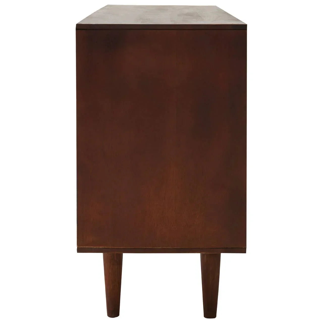 Side view of dark wood cabinet with tapered legs