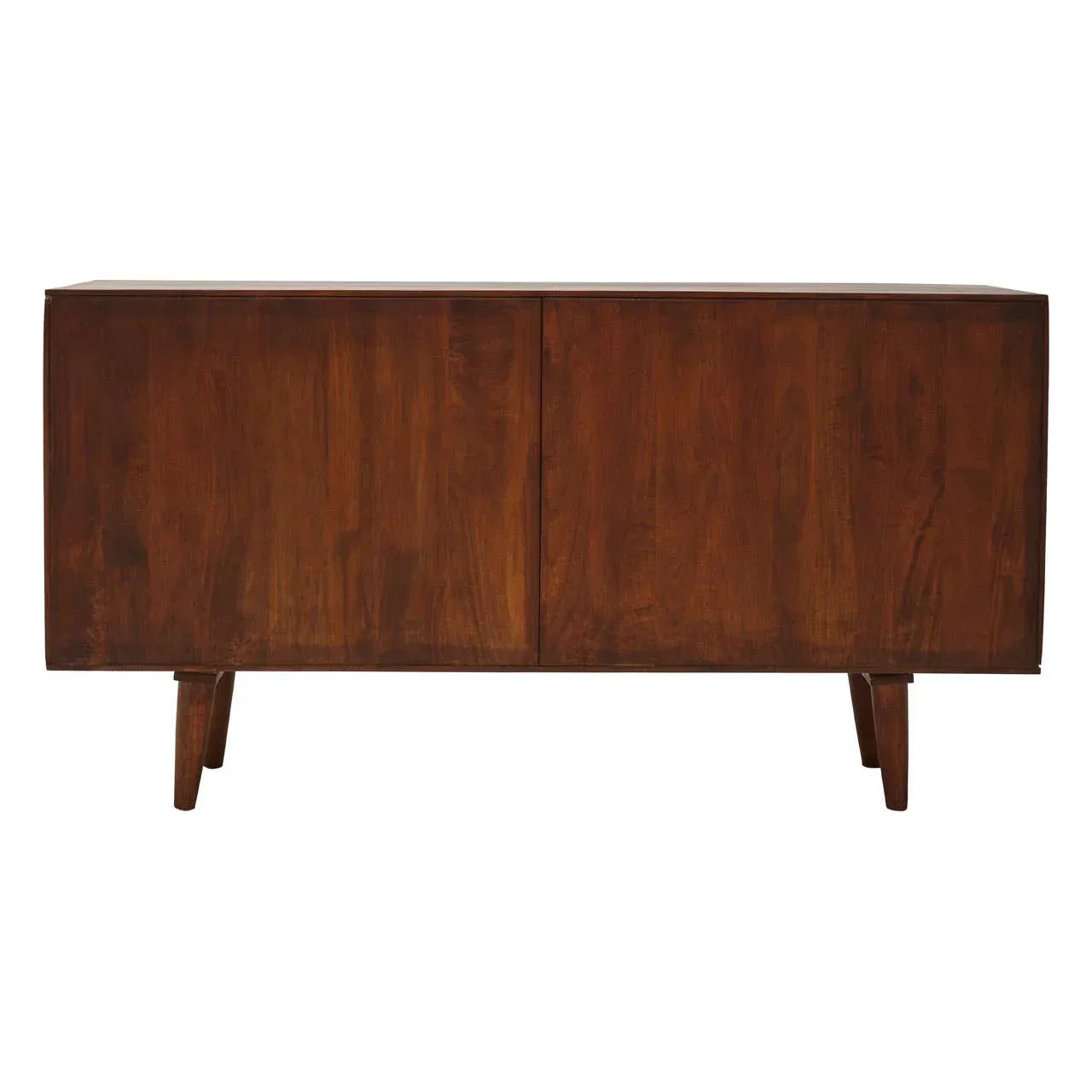 Mid-century style wooden sideboard with two doors and angled legs, front view