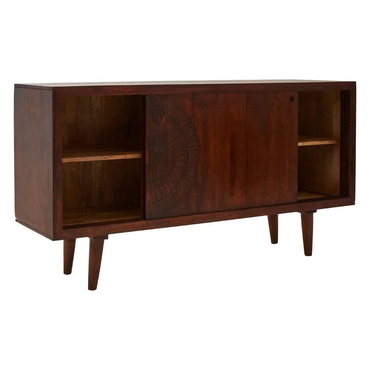 Dark wood sideboard with carved sliding door and open shelving, angled view
