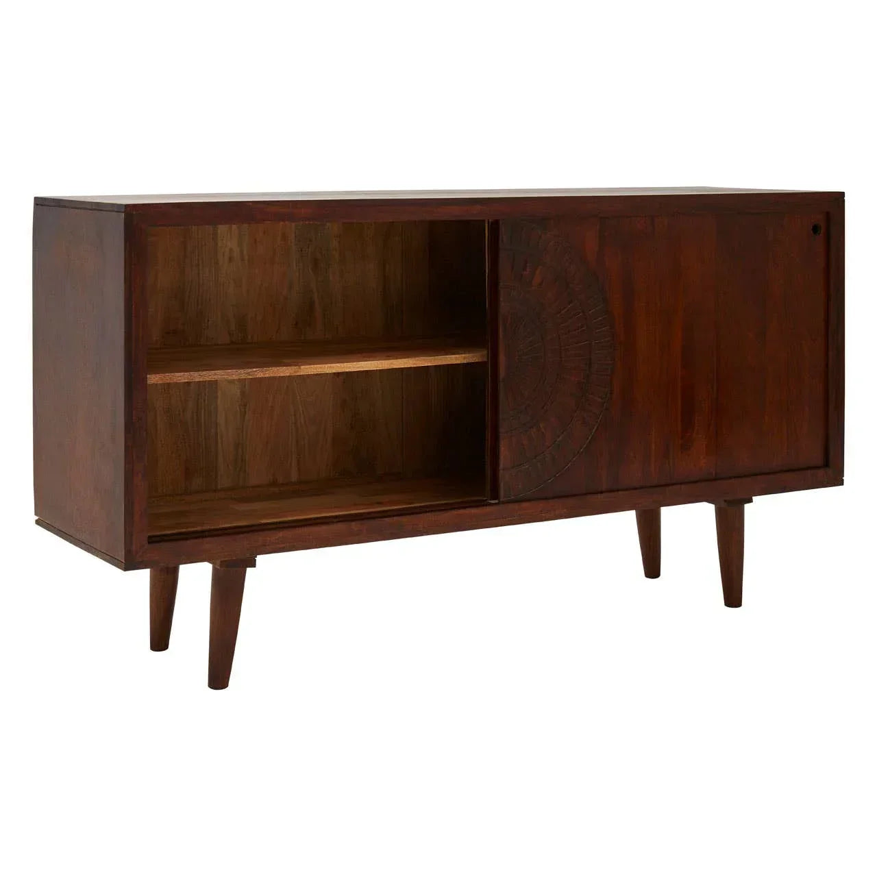 Mid-century dark wood sideboard with sliding carved door and open shelf