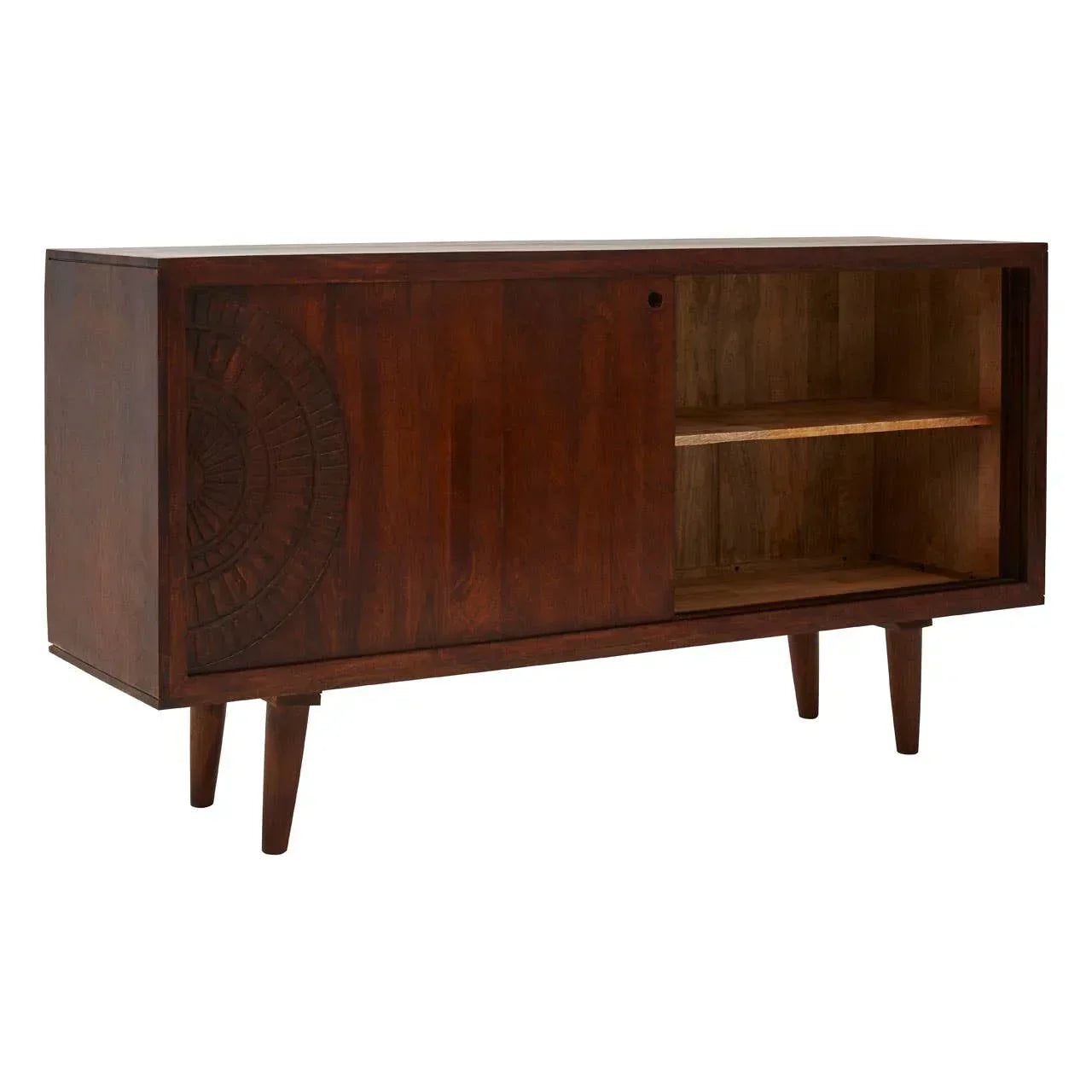 Mid-century wood sideboard with sliding doors and carved detail, open shelf visible