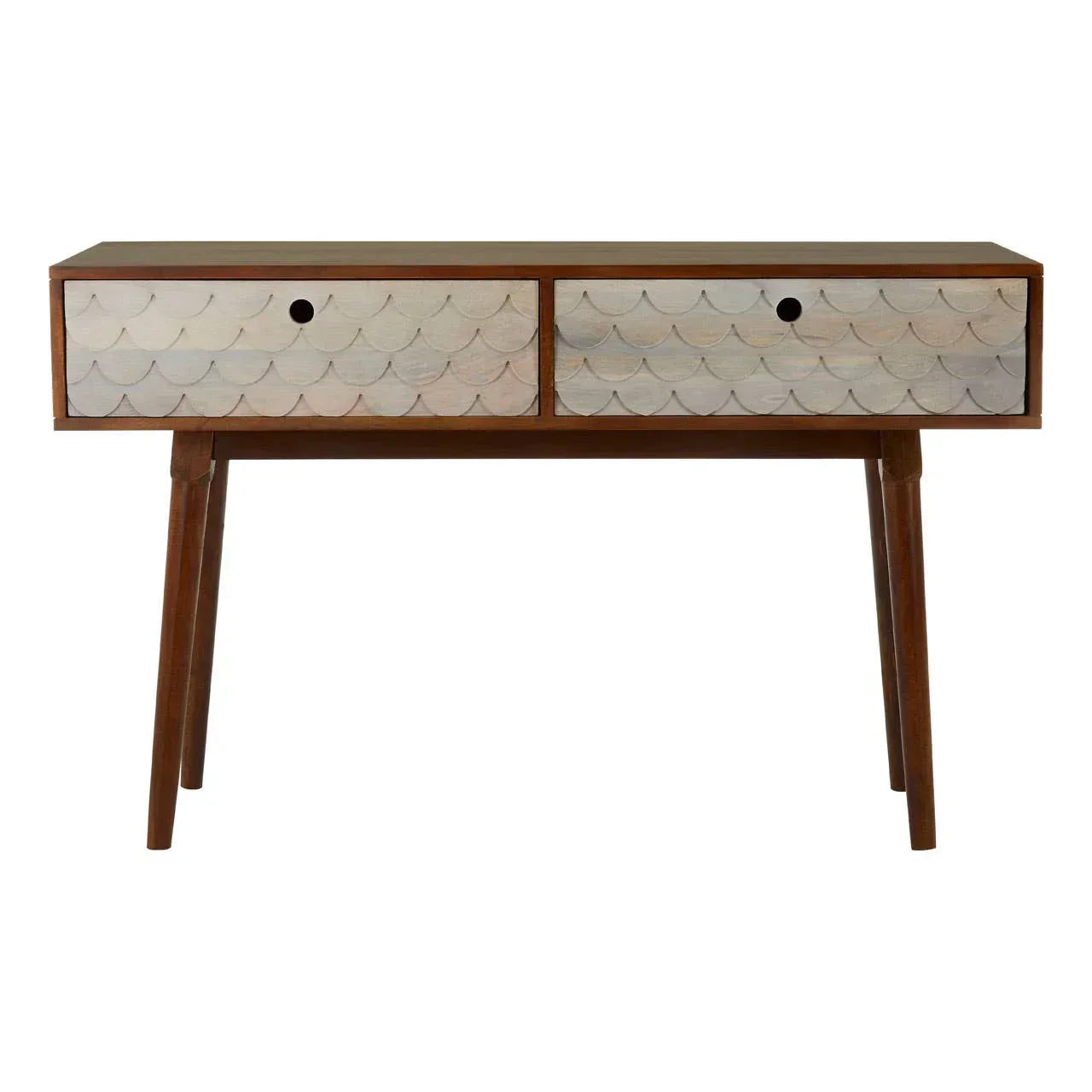 Wooden console table with two drawers featuring scallop pattern fronts and angled legs