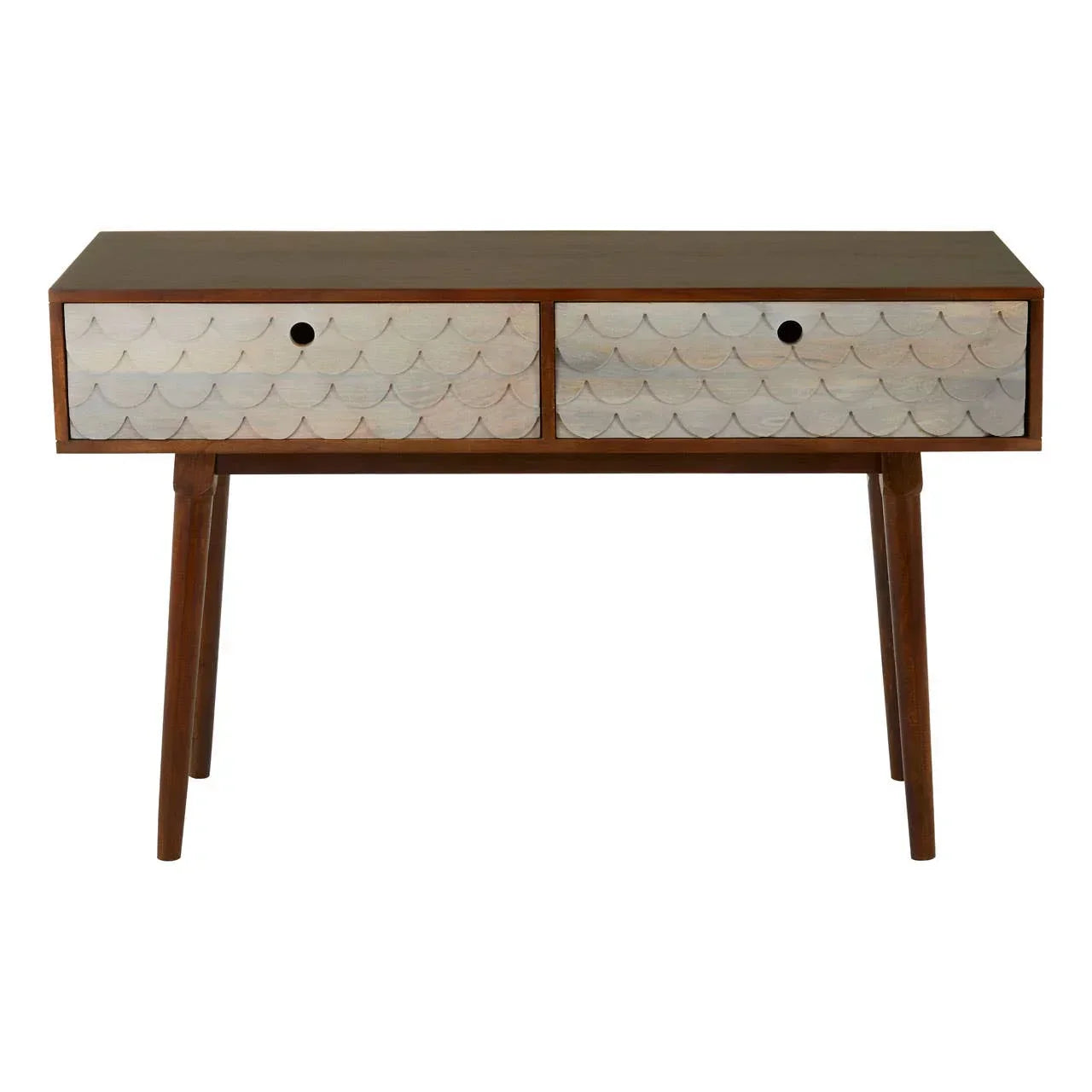 Wooden console table with two scallop-pattern drawers and tapered legs, front view