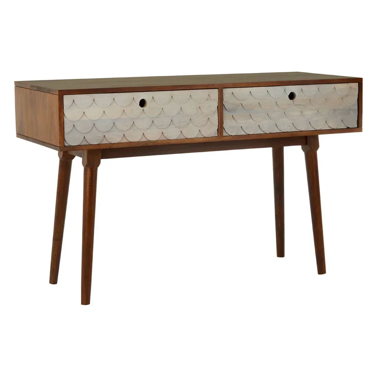 Two-drawer wooden console table with carved scallop pattern on white front panels