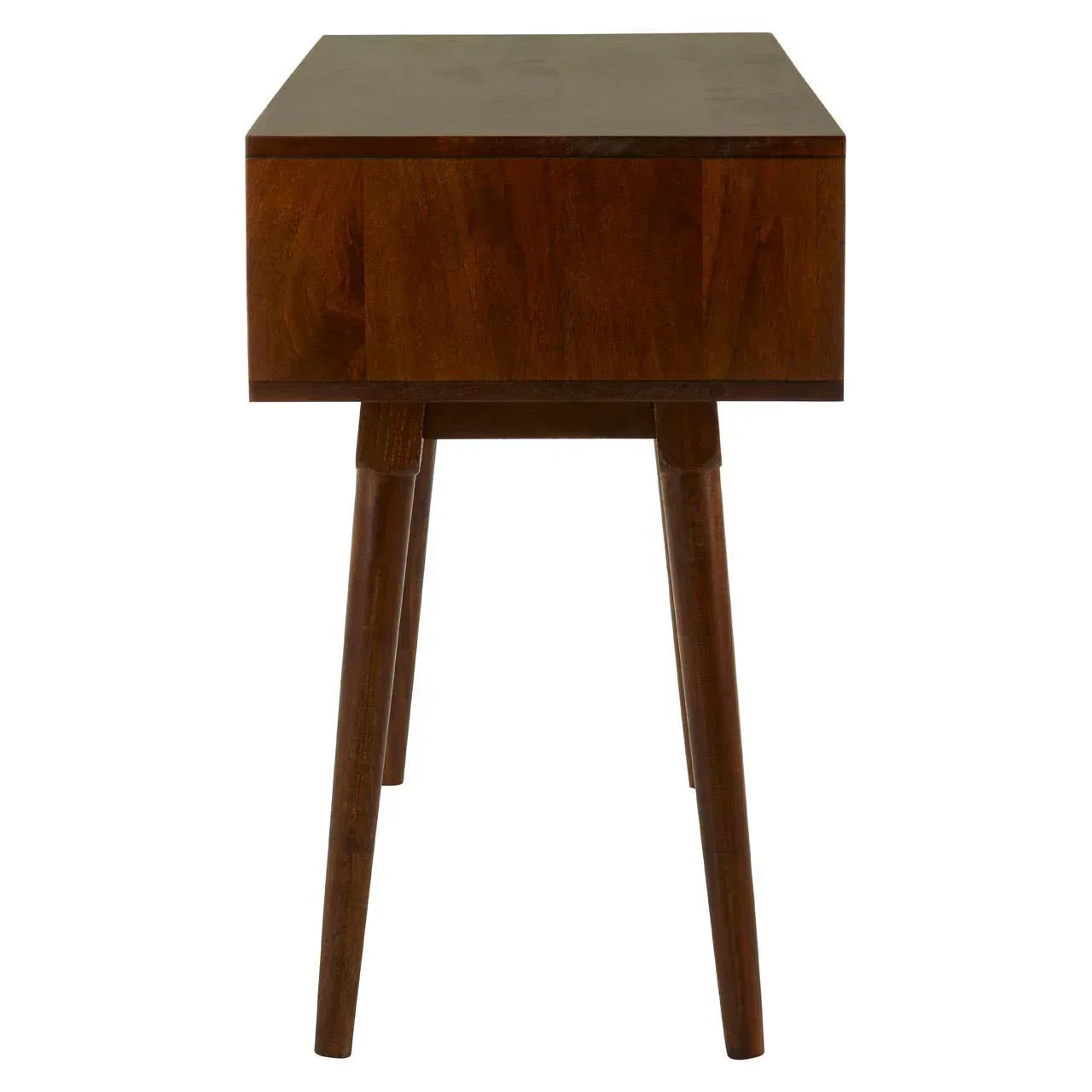 Mid-century wooden side table with four tapered legs, shown from the front angle