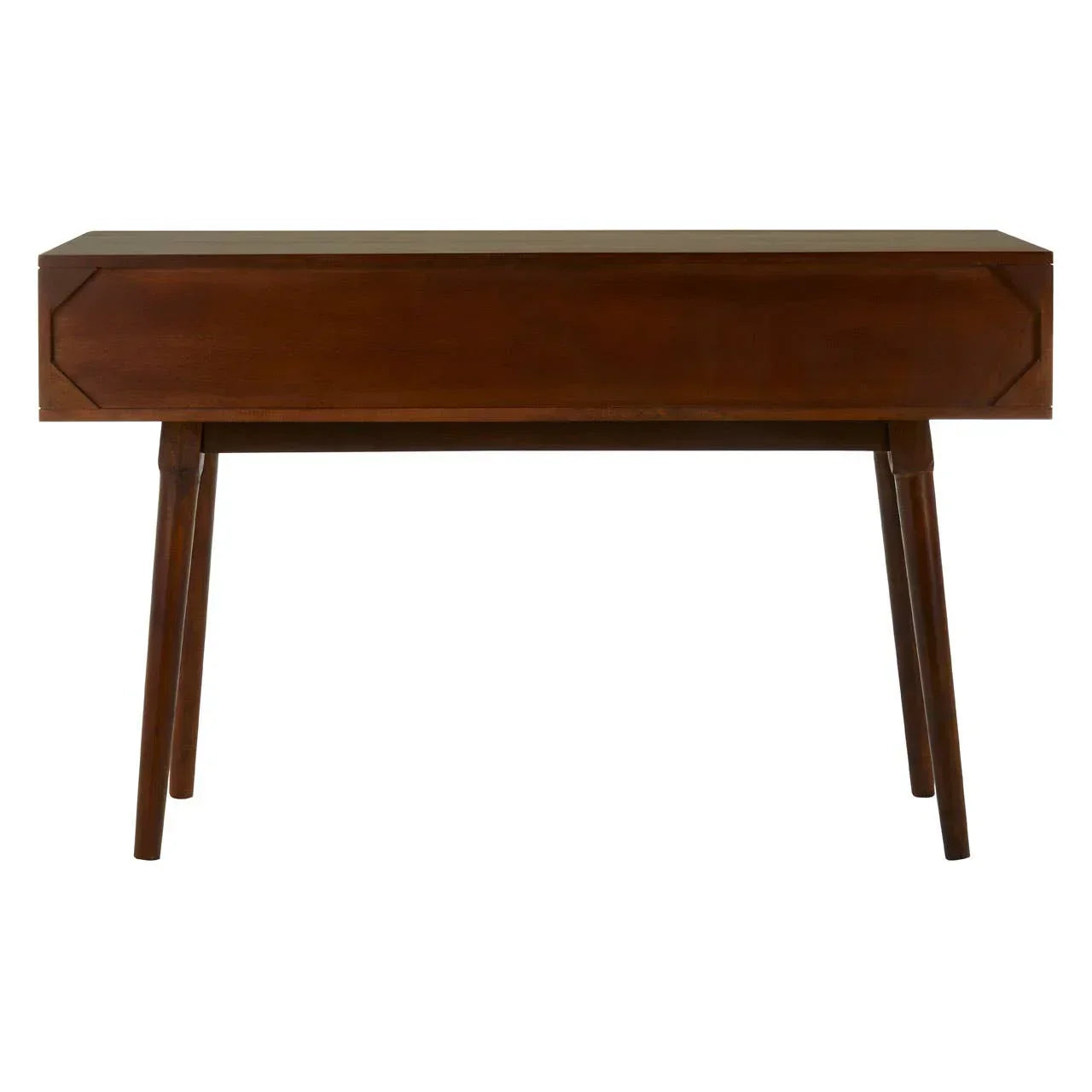 Rectangular wooden console table with tapered legs in dark brown finish, front view