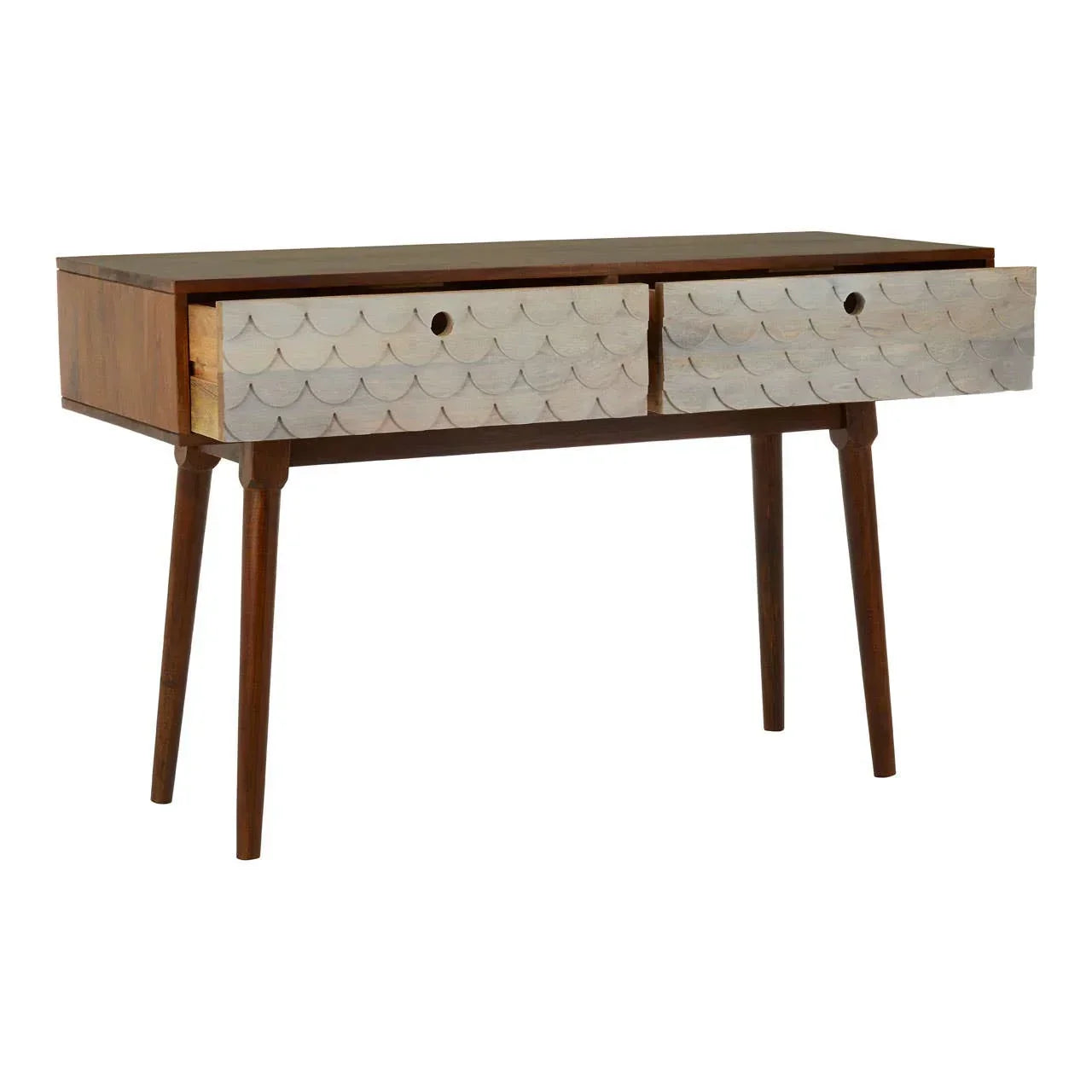 Wood console table with scalloped drawer fronts and angled legs