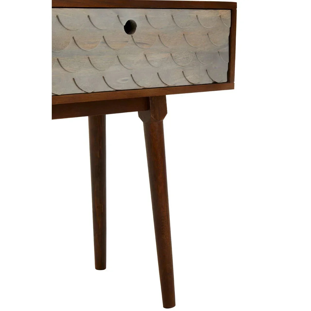 Wooden side table with carved drawer front and tapered legs in mid-century design