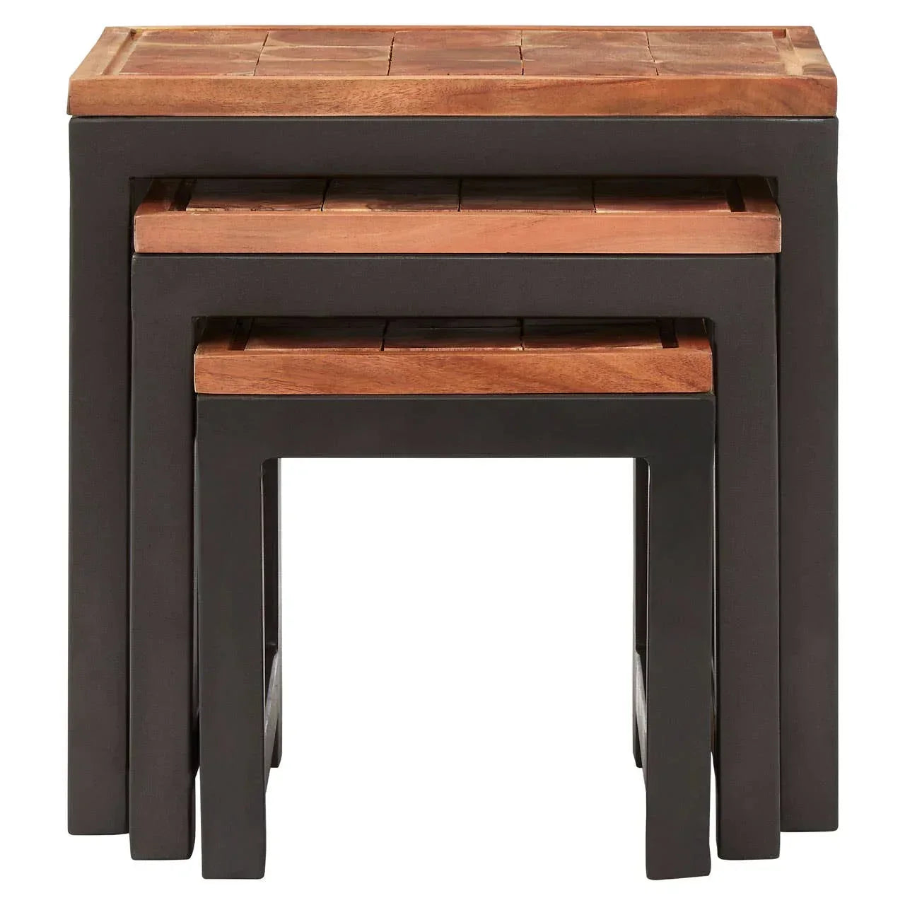 Set of three wooden nest tables with black metal frames stacked together
