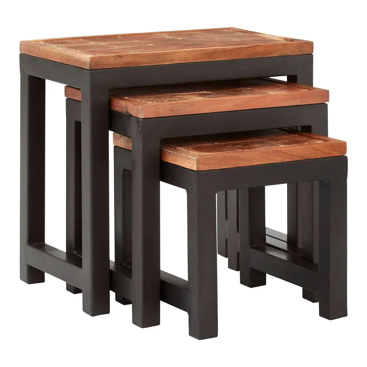 Nest of tables with black frames and wood tops stacked together