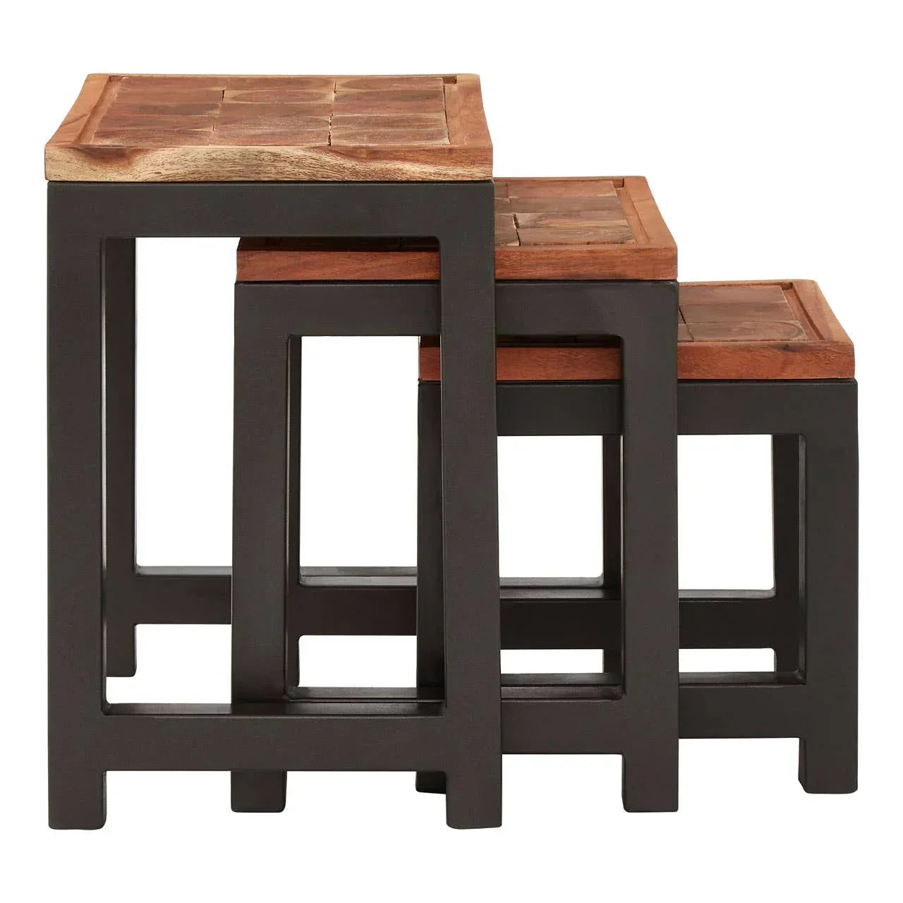 Wood and metal nesting tables set with square tops viewed from the side