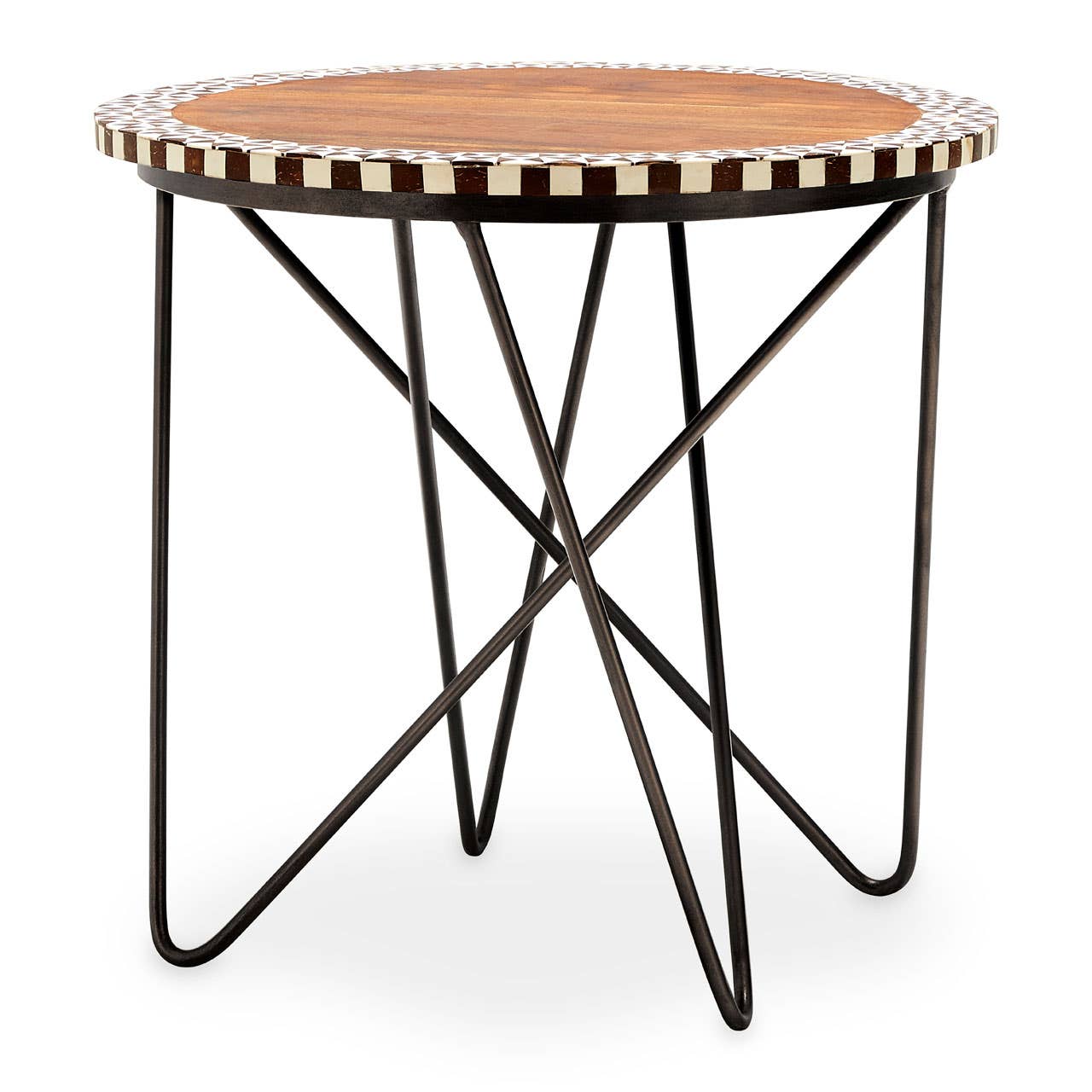 Round wooden side table with checkered edge and black metal wire legs