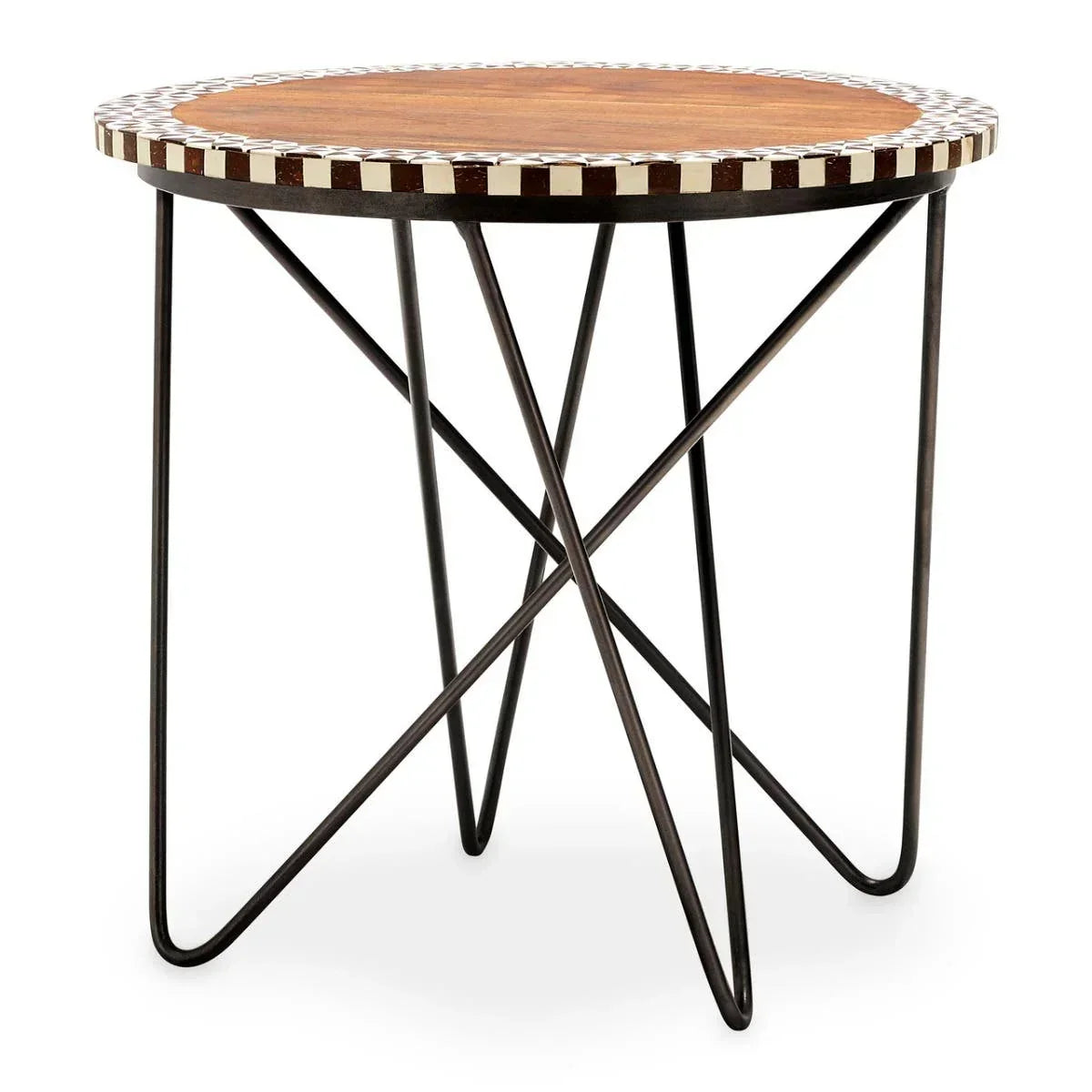 Round wooden side table with black metal hairpin legs and checkered edge detail