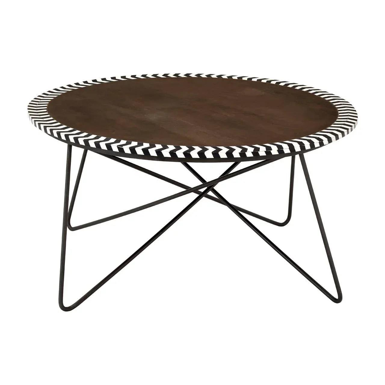 Round wooden coffee table with black metal legs and chevron pattern edge
