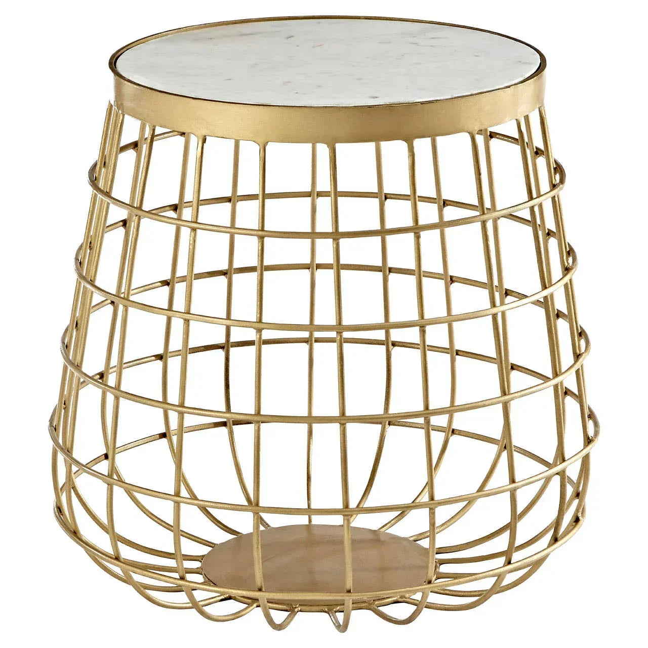 Round gold metal side table with white marble top and open wire base