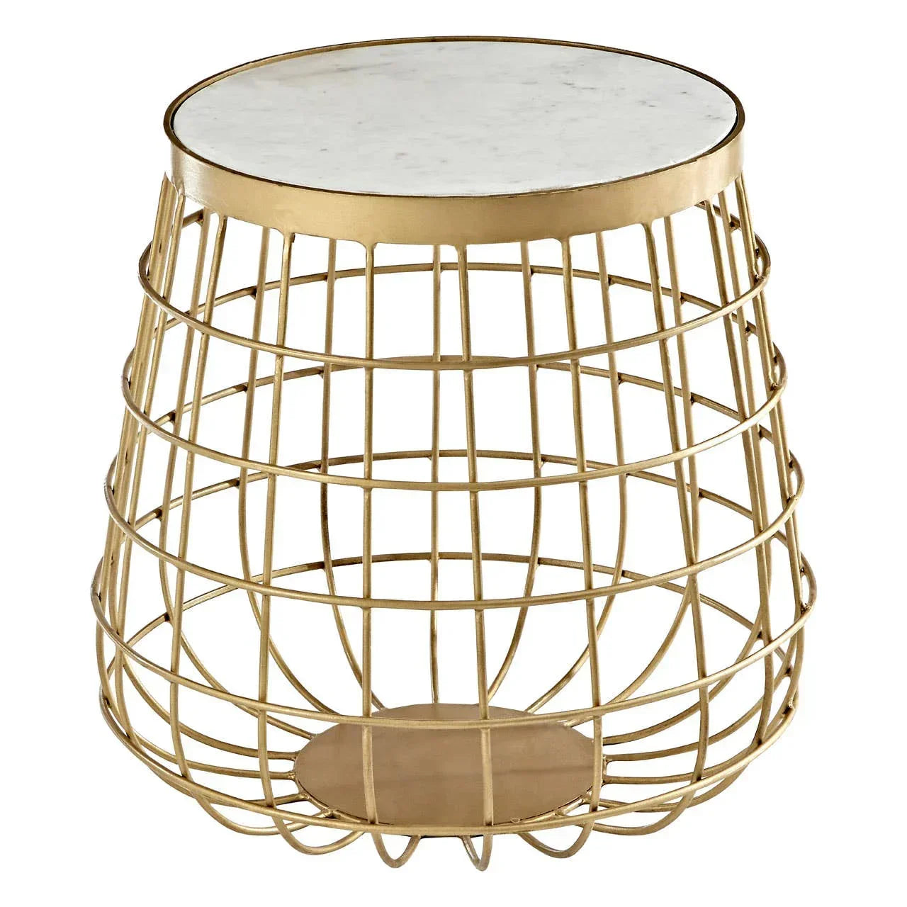 Gold wire side table with round white marble top, modern accent furniture piece