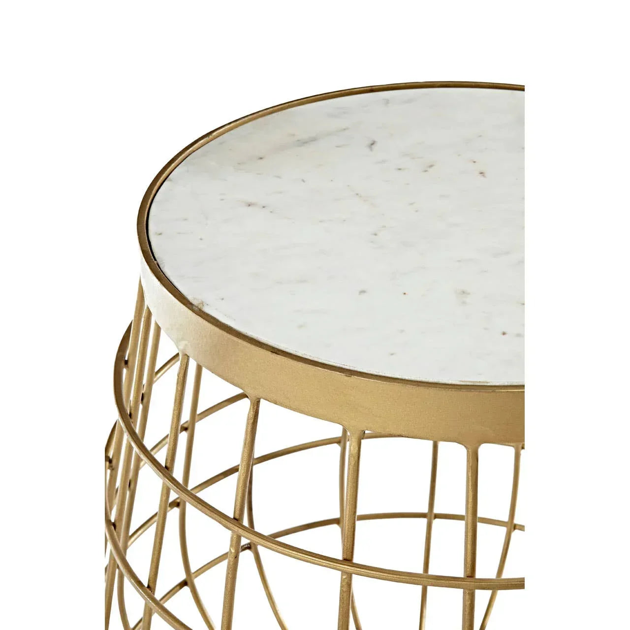 Round marble top side table with gold metal wire base, close up of tabletop and frame