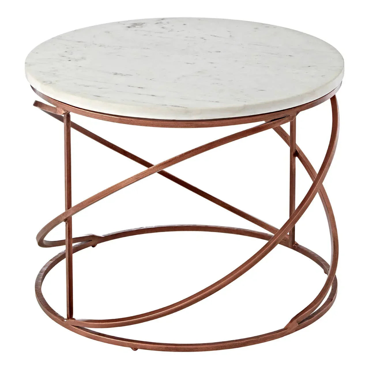 Round marble top coffee table with rose gold metal frame, modern living room furniture