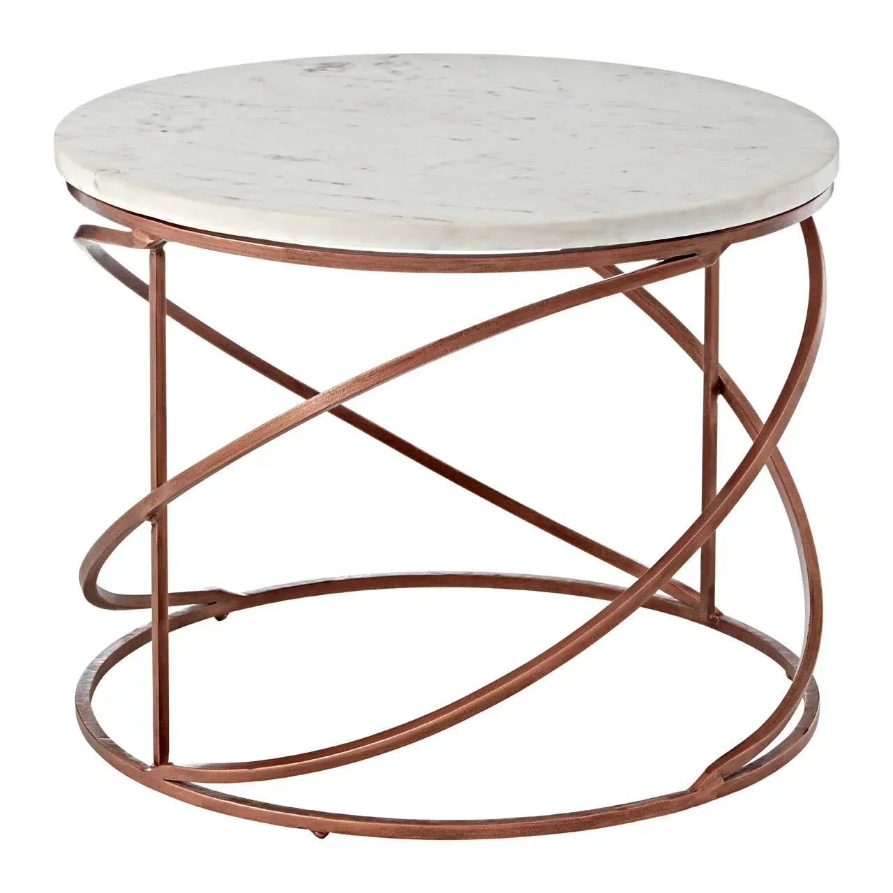 Round marble top coffee table with bronze metal frame and modern open base design