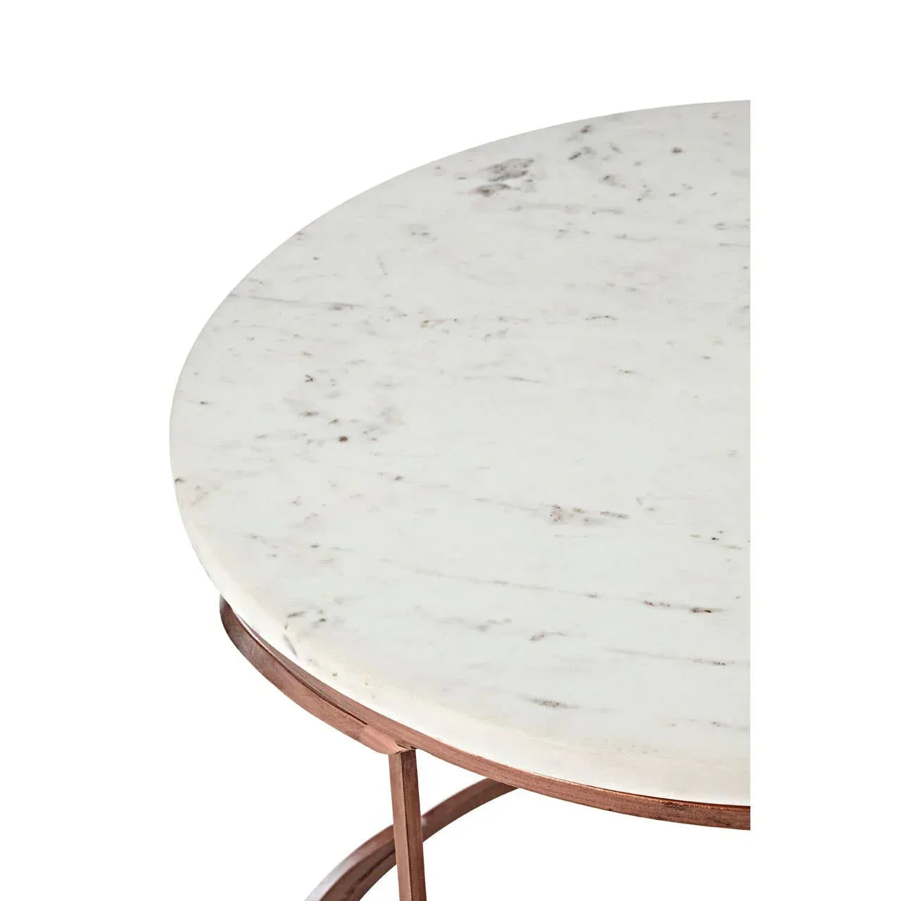 Round marble table top with metal frame and white stone surface