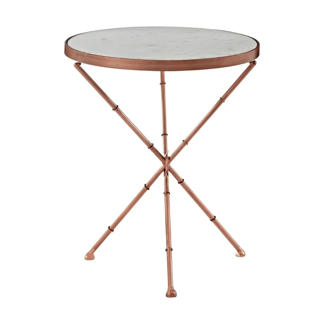 Round marble top side table with copper metal tripod legs