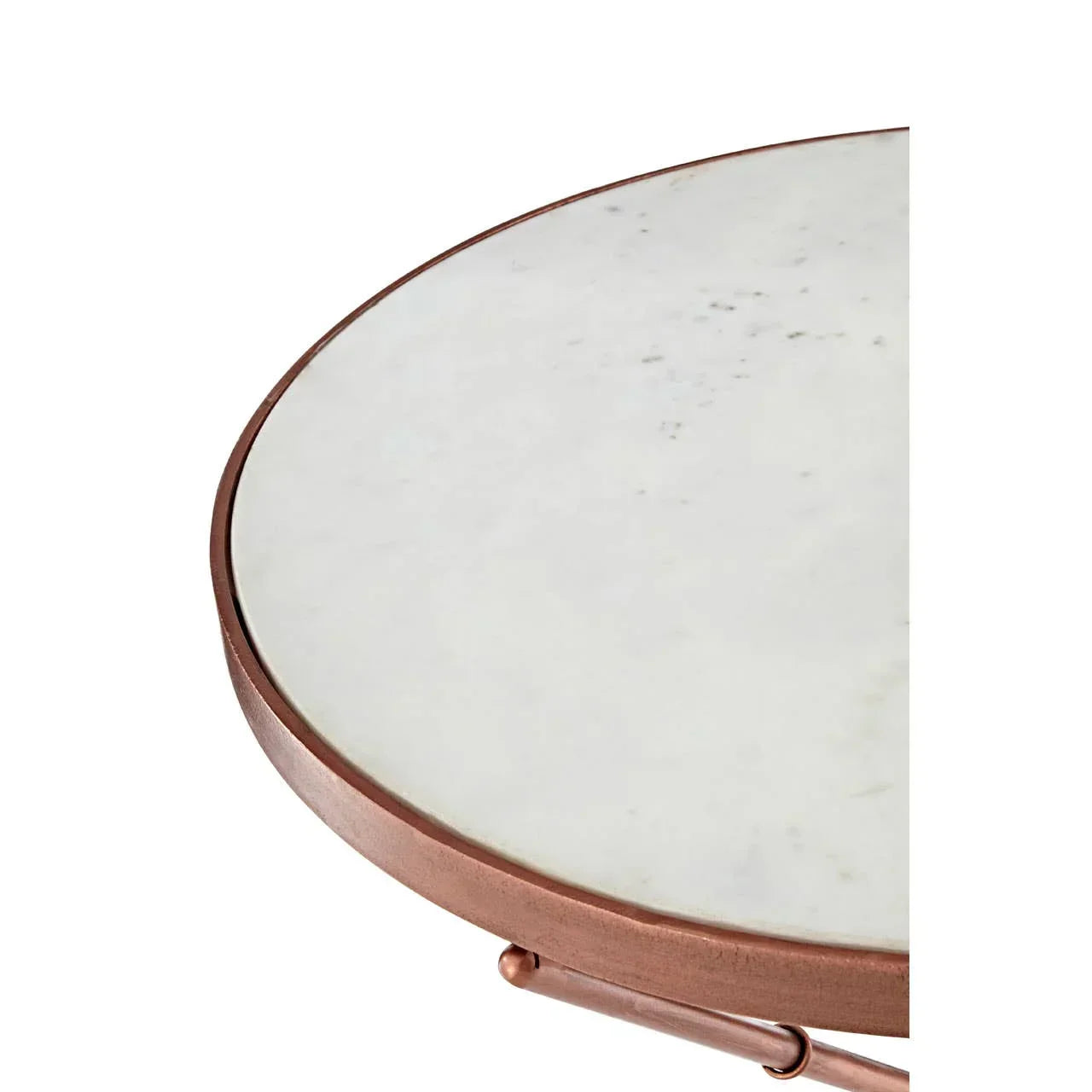 Round marble side table with copper frame close-up