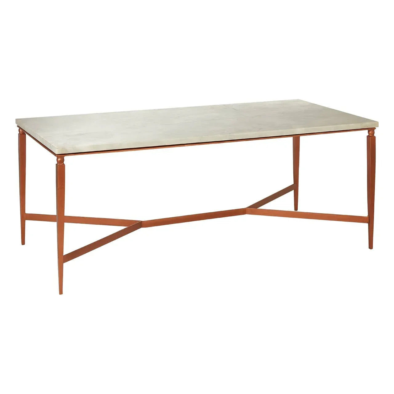 Rectangular dining table with light stone top and slim metal legs in copper finish
