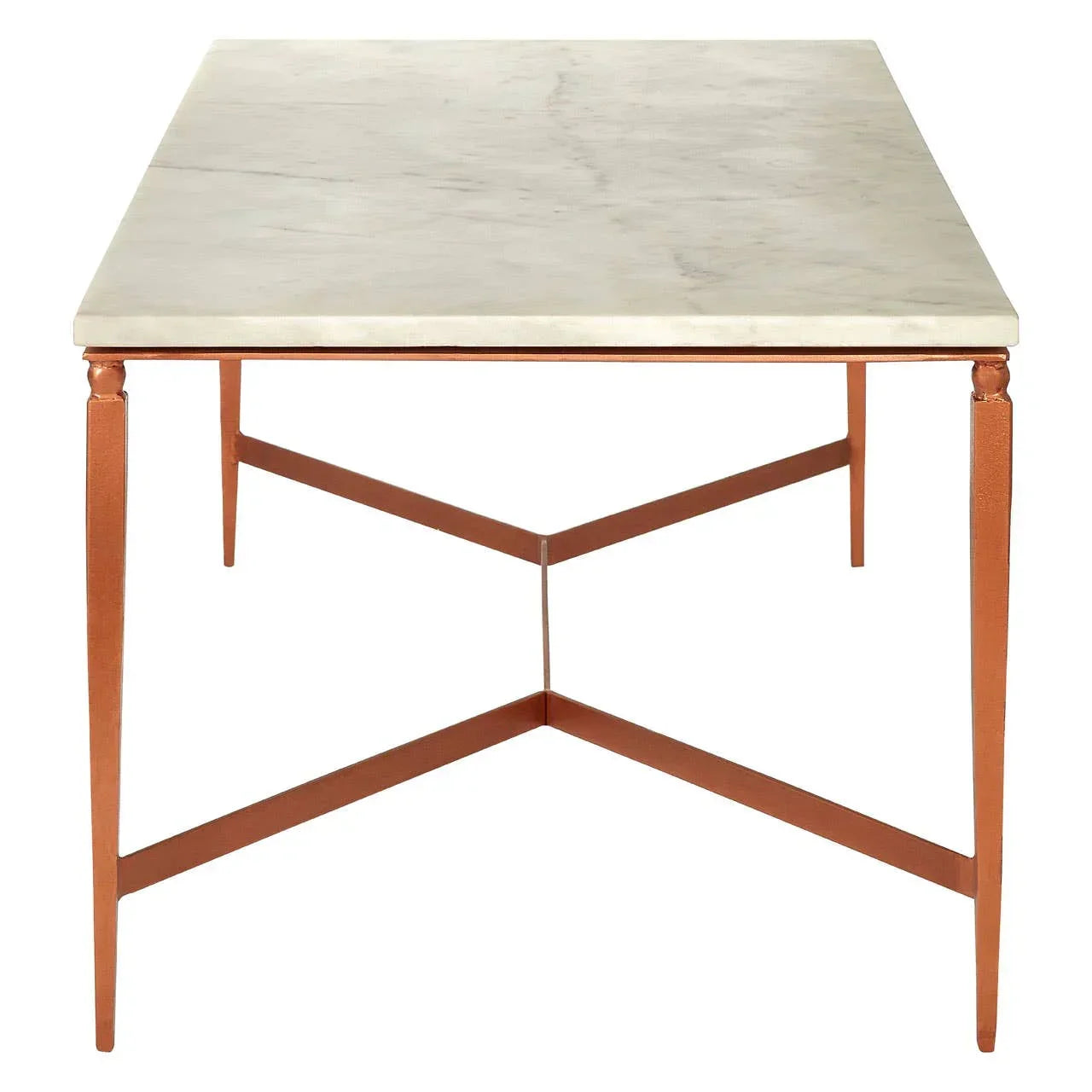 Rectangular dining table with white marble top and copper metal legs, front angle view