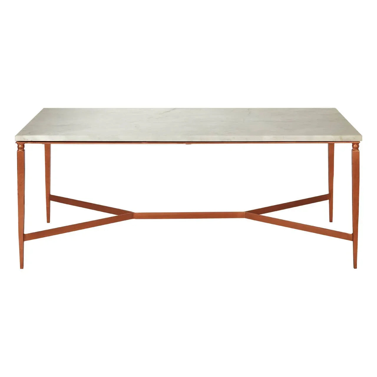 Rectangular marble dining table with slim copper metal legs and crossbar support