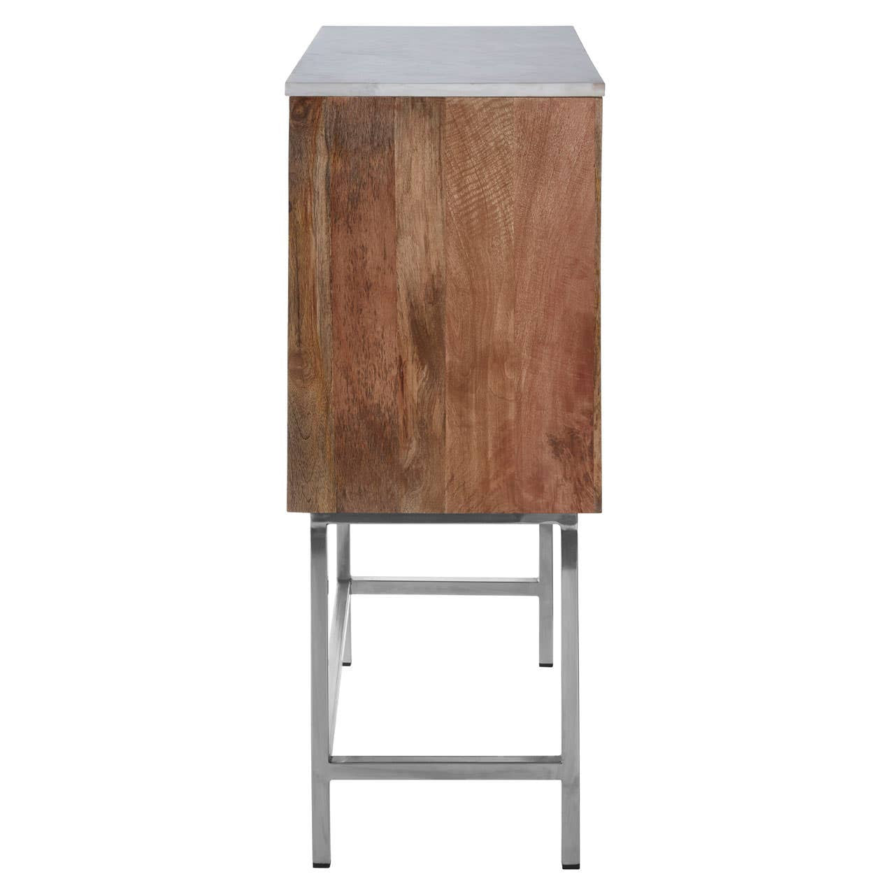 Nirav Marble and Mango Wood Geometric Design Cabinet featuring a sleek geometric design with a smooth marble top and a warm, rich mango wood body. The cabinet stands on slender metal legs, providing a modern and elegant look suitable for various home decor styles