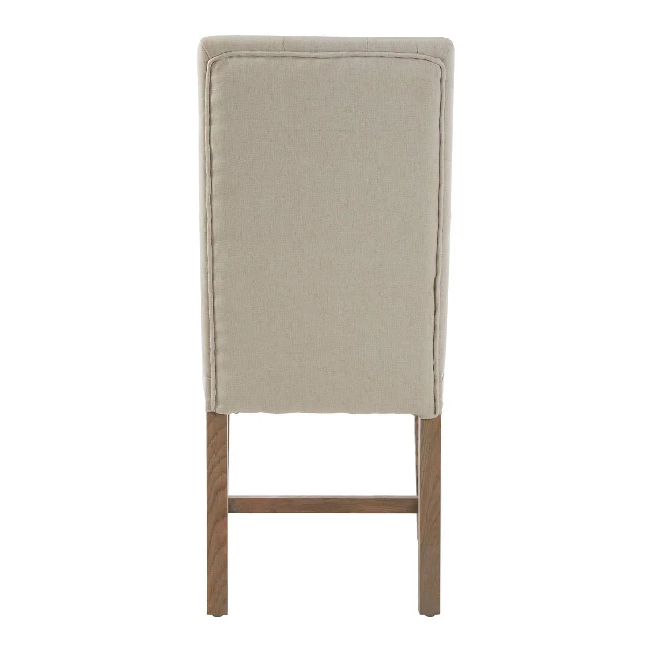 Beige upholstered dining chair rear view with wooden legs and stitched panel detailing