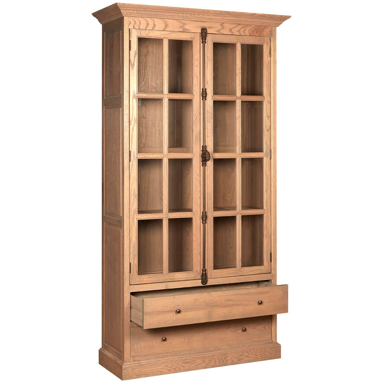 Tall cabinet with a washed grey finish, featuring two glass-paneled doors and a single drawer at the bottom. The cabinet is made of oak wood and has a classic design with decorative molding at the top. The interior is spacious, ideal for displaying items or storing belongings