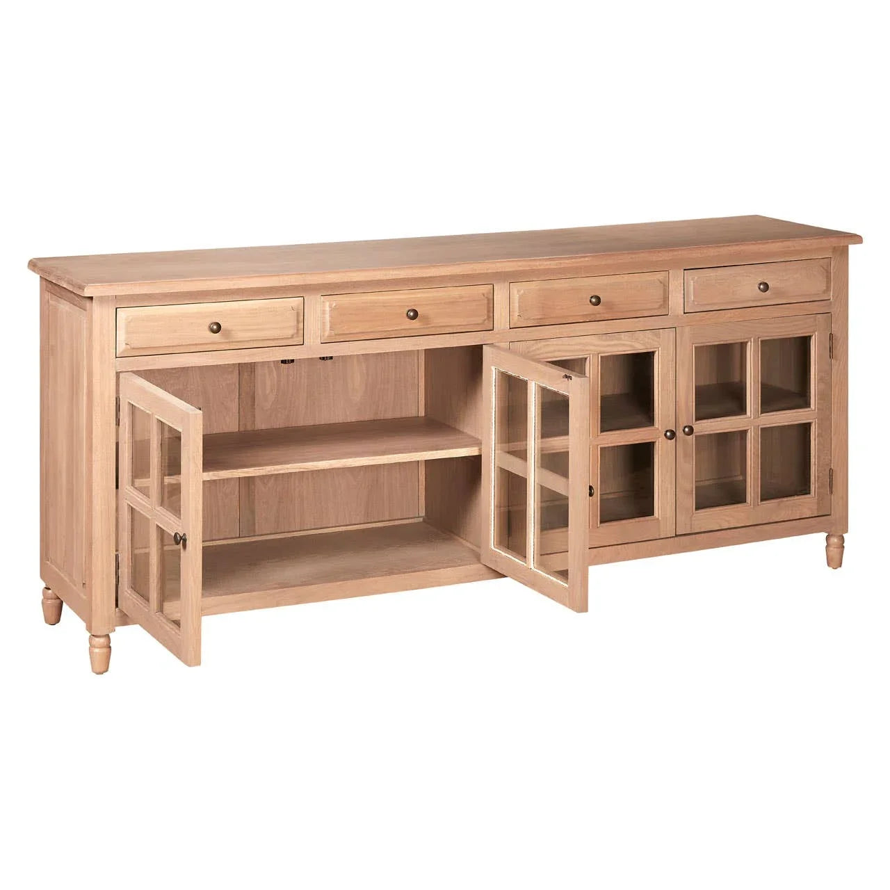 Lyon Oak Wood 4-Drawer Sideboard with Glass Doors