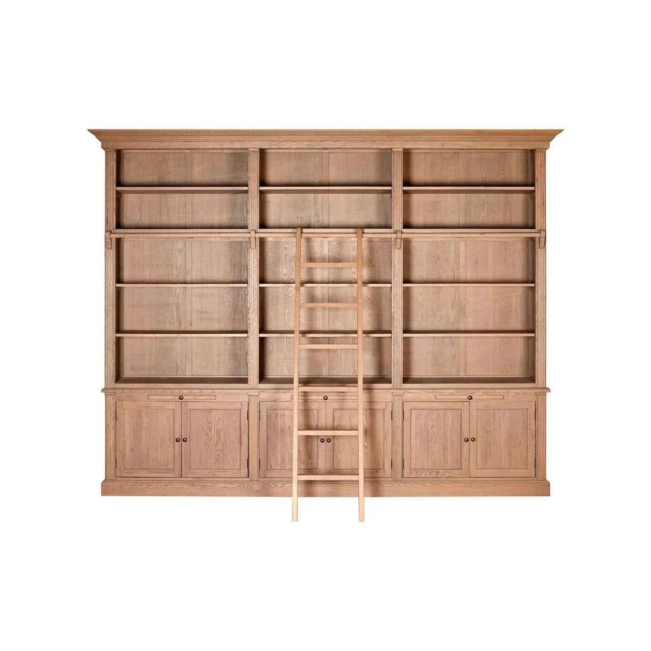 Large oak bookcase with shelving, lower cabinets, and central ladder for home storage