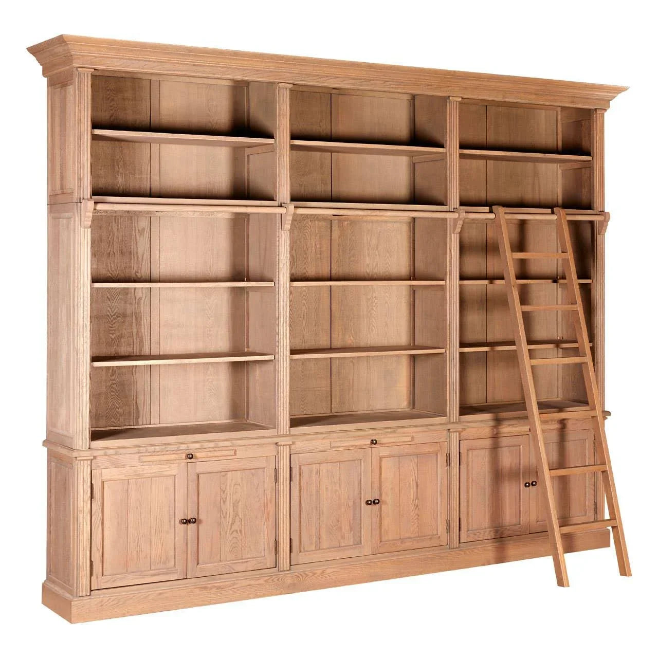 Large oak bookcase with ladder, adjustable shelves, and lower storage cabinets