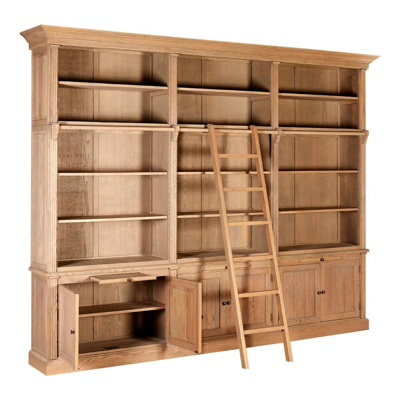 Large oak bookcase with adjustable shelves, rolling ladder, and lower storage cabinets