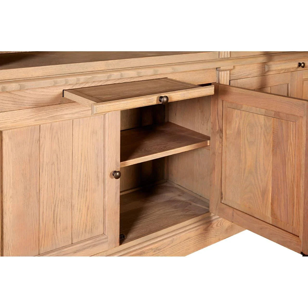 Light oak sideboard with open cabinet doors, pull-out tray, and interior shelf
