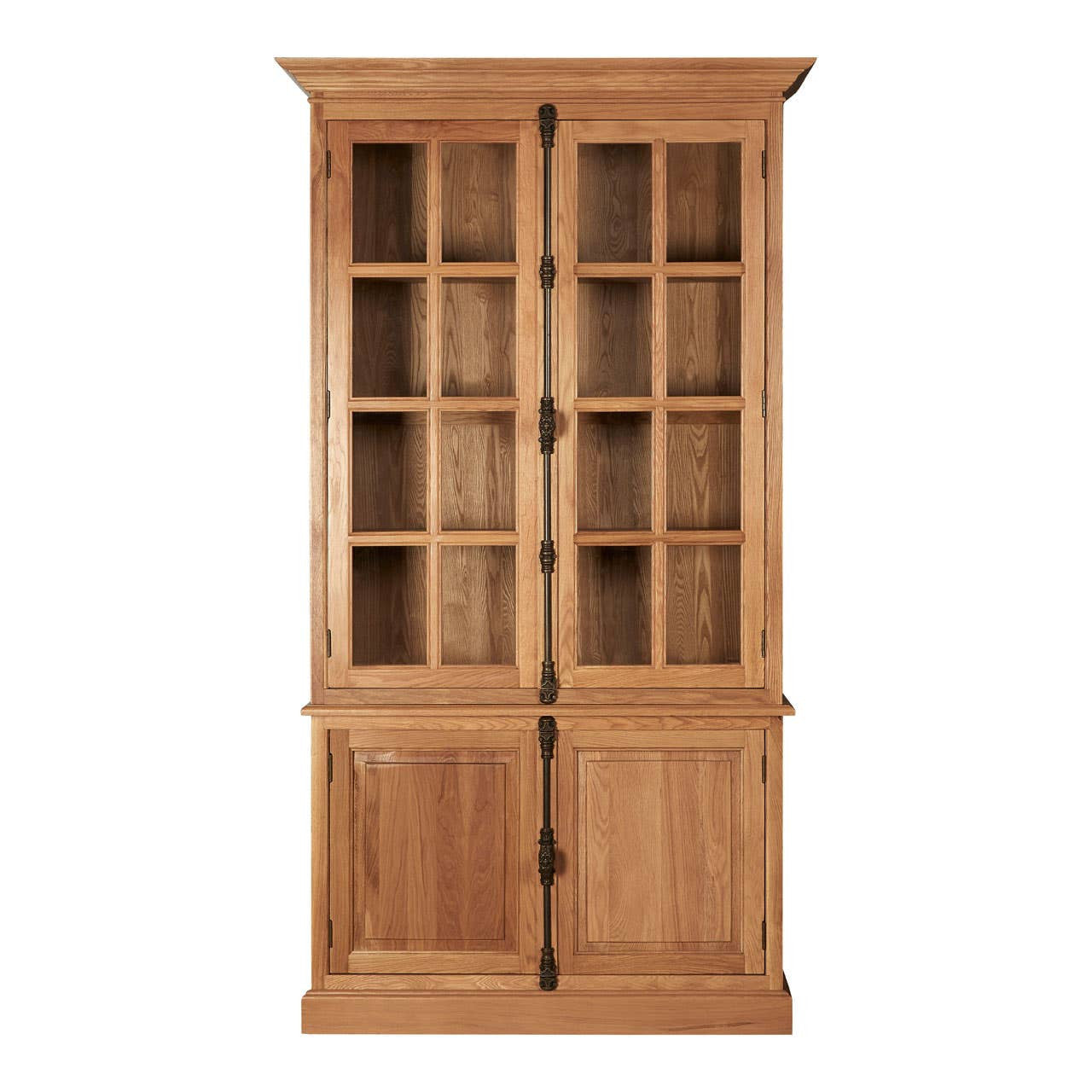 Tall cabinet made of natural oak wood featuring a classic design with two glass-paneled doors at the top and solid wood doors at the bottom. The cabinet has multiple shelves visible through the glass, providing ample storage space. The wood finish showcases the natural grain and texture of the oak