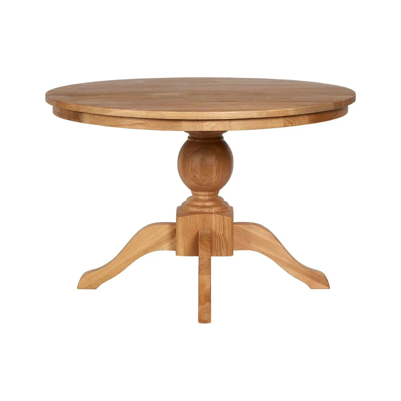 Round oak dining table with pedestal base and natural wood finish