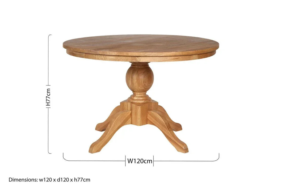 Round oak dining table with pedestal base, natural wood finish, dimensions 120x120x77cm