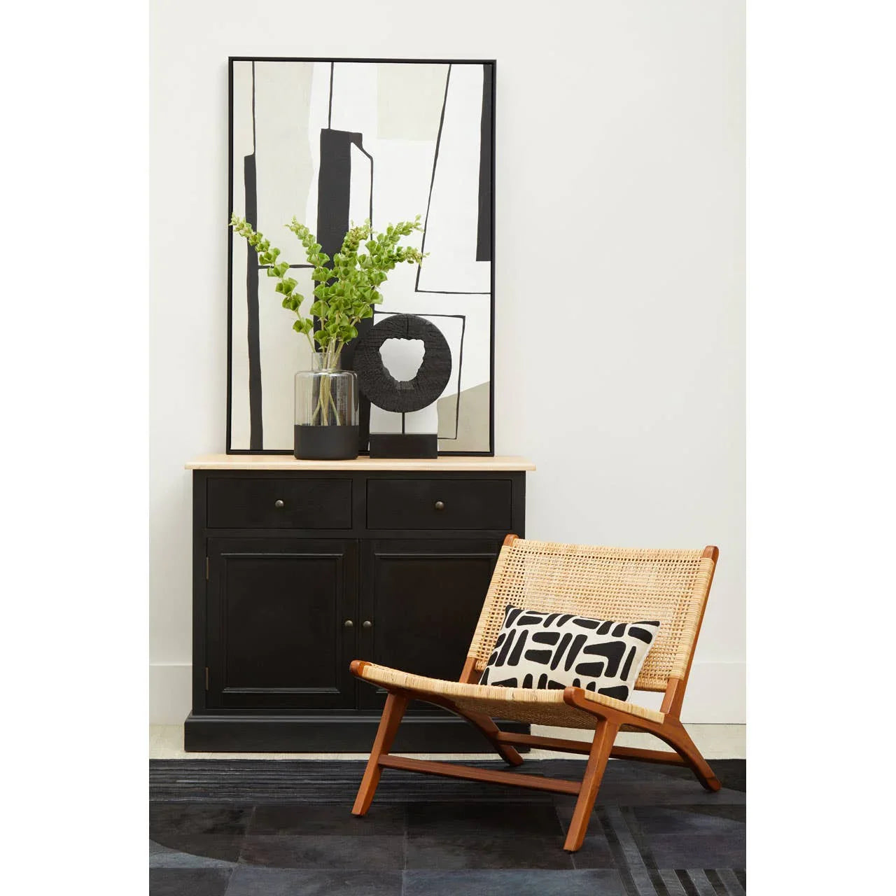 Rustic Oak Wood Sideboard with Black Paint Finish
