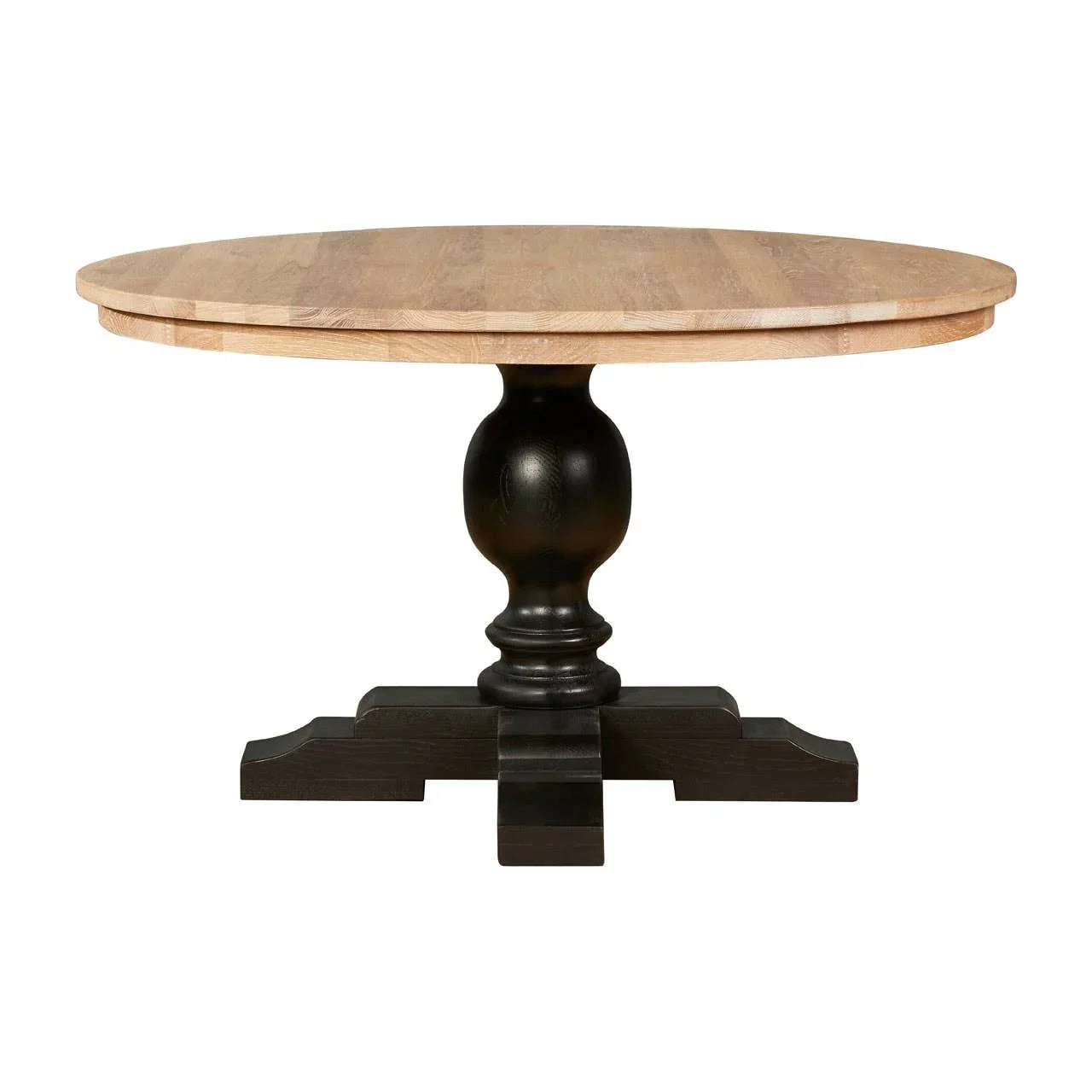 Round wooden dining table with natural top and black pedestal base