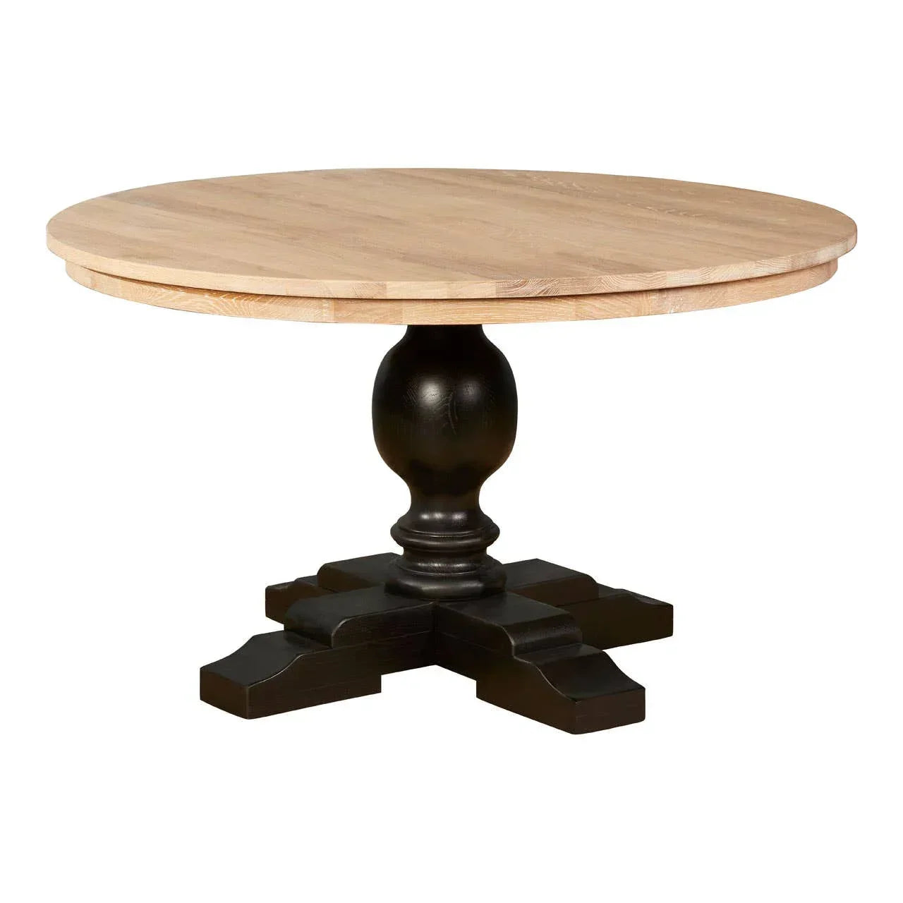Round wooden dining table with light oak top and black pedestal base