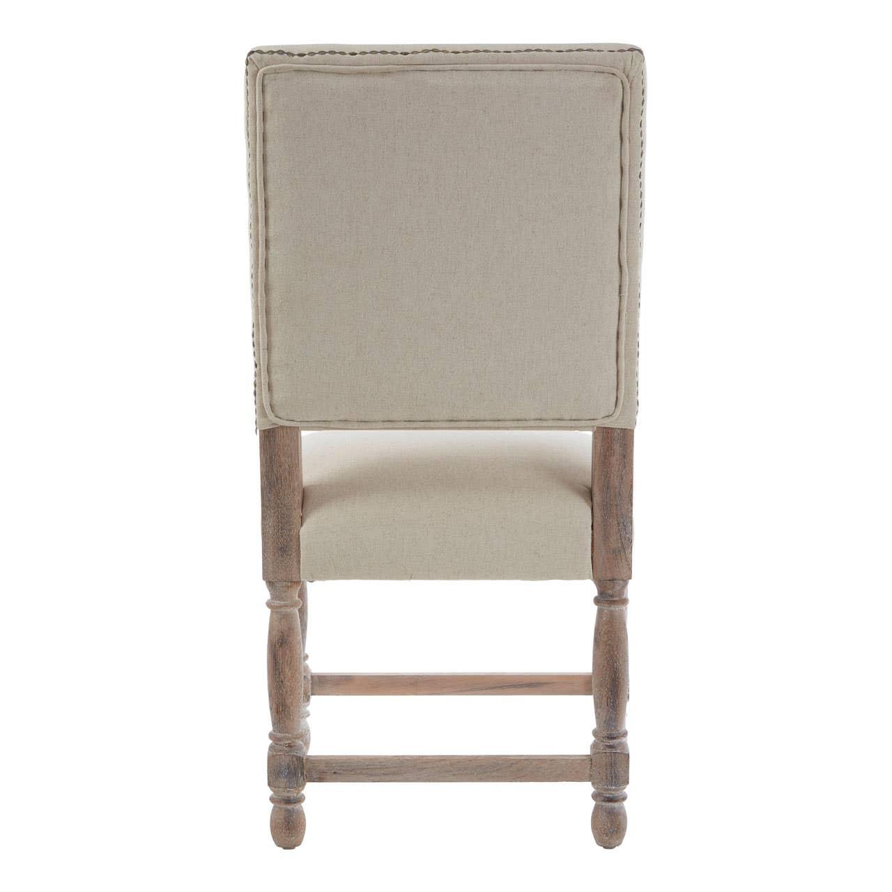 Beige upholstered dining chair with wooden legs, rear view