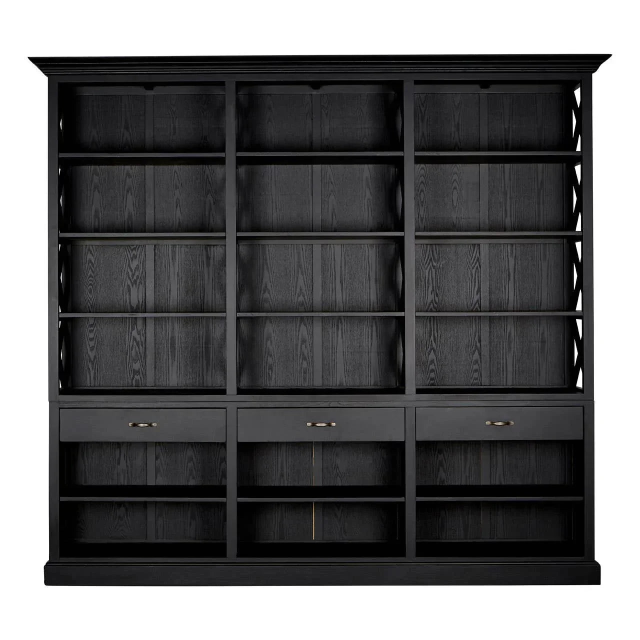 Black wooden bookcase with open shelves and three drawers, front view