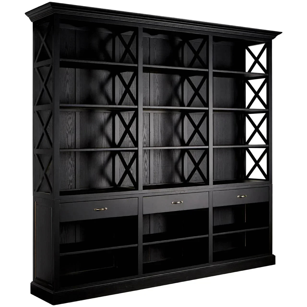 Black wooden bookcase with open shelves, cross side panels, and three drawers