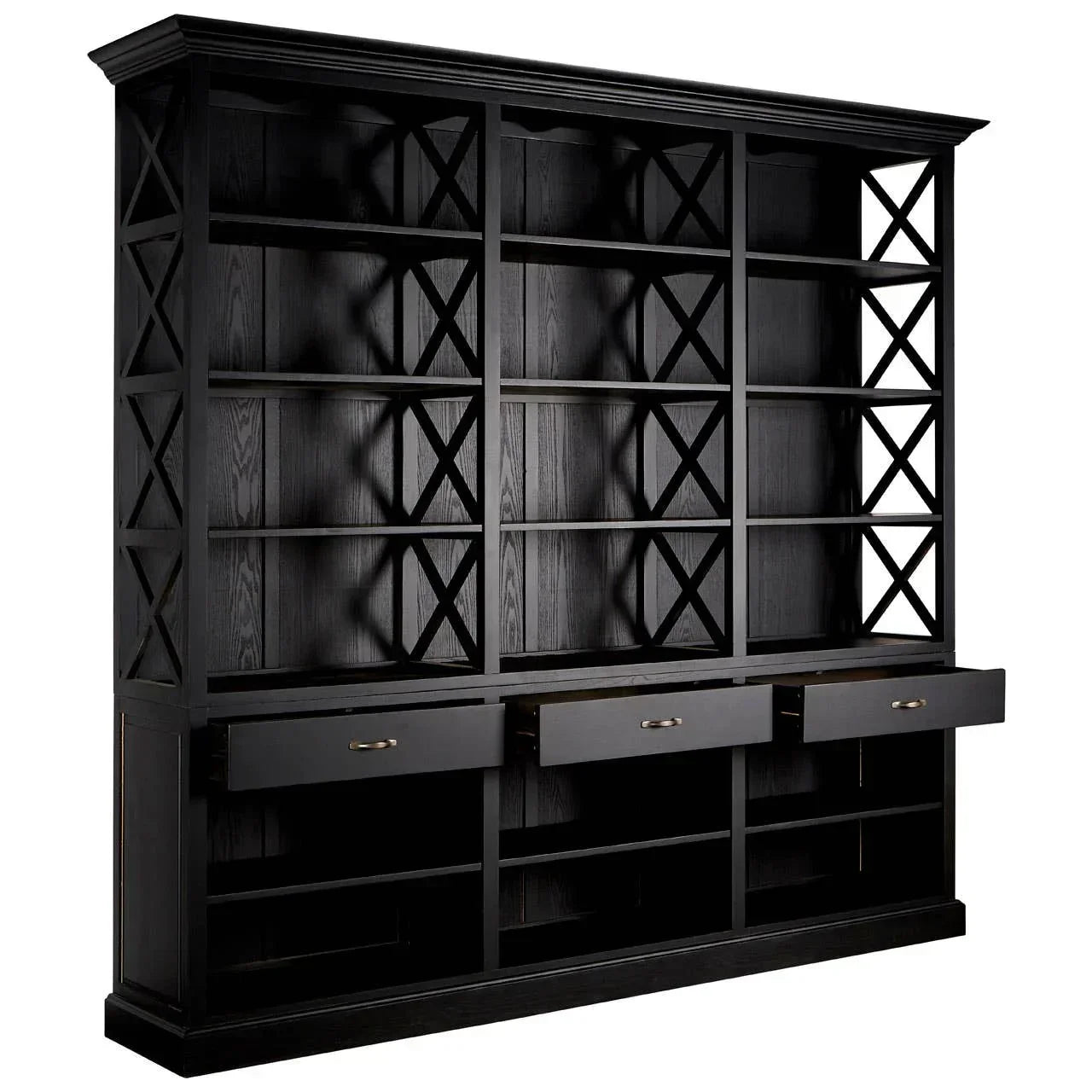 Black wooden bookcase with open shelving, three drawers, and lattice side panels